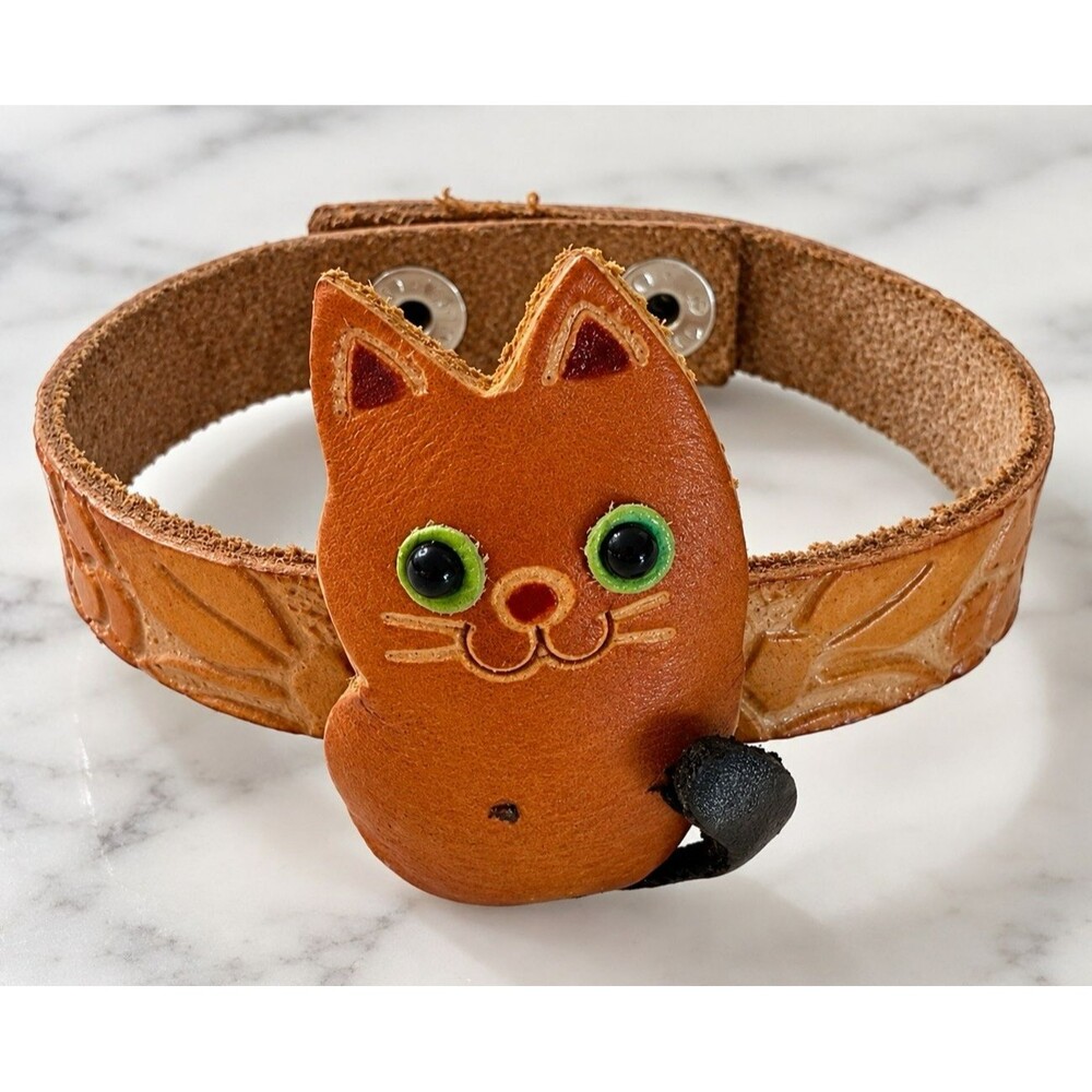 Handmade Orange Kitty Bracelet Genuine Leather 3D Cat Cuff Artisan Pet Lover